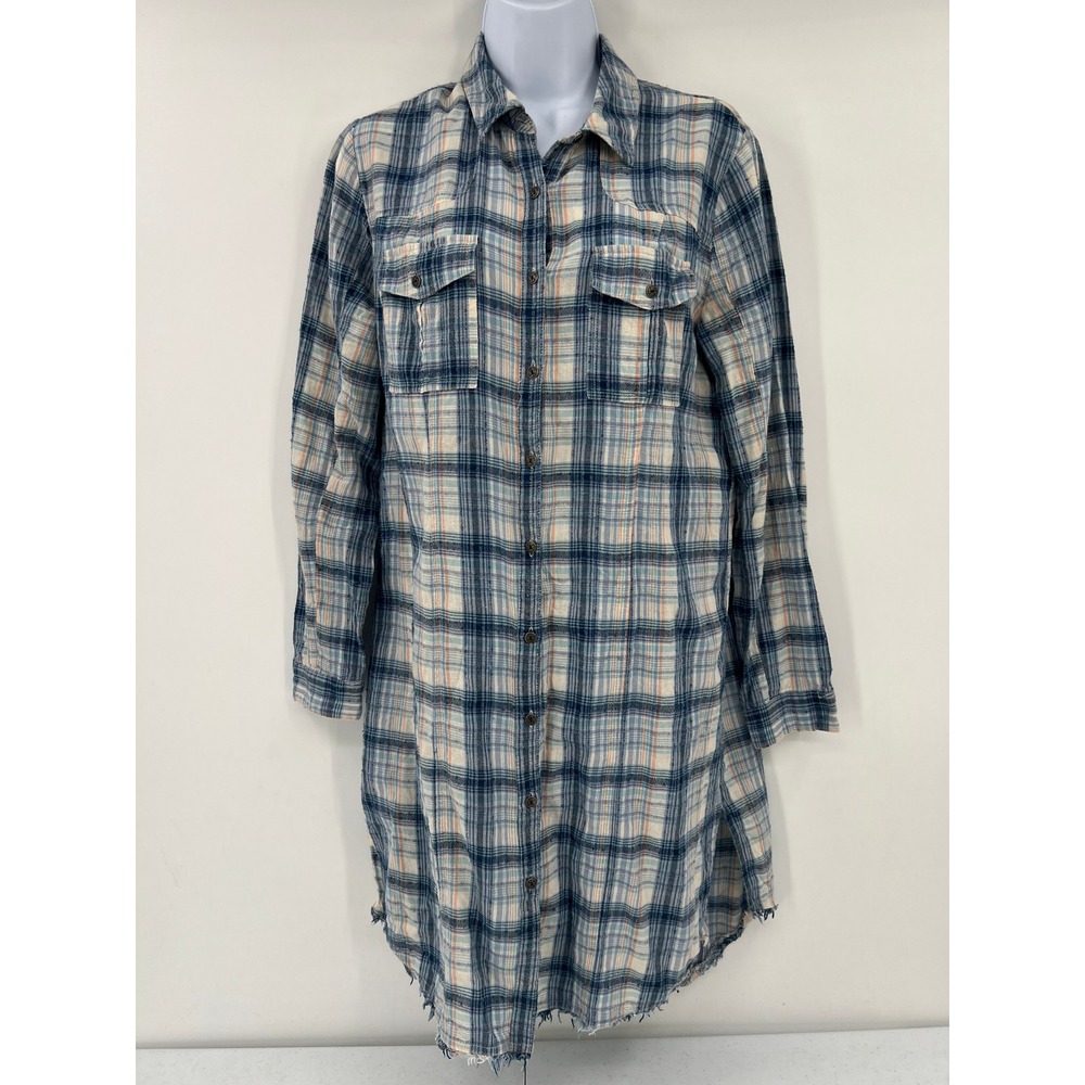 Free People S Blue Plaid Button Down Tunic Dress Frayed Hem Western Boho